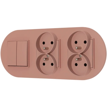 Włącznik podwójny i dwa gniazda podwójne z ramką okrągłą seria MINI kolor łososiowy