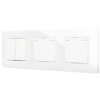 Włącznik podwójny i dwa gniazda hermetyczne z ramką kwadratową efekt szkła seria ICON kolor biały