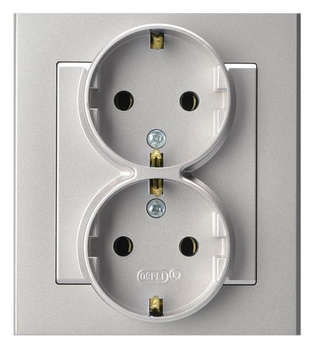 Gniazdo podwójne z uziemieniem schuko kompletne z ramką seria SONATA kolor Srebro mat symbol GP-2RS/38