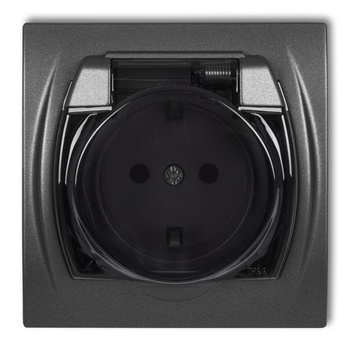 Gniazdo bryzgoszczelne z uziemieniem SCHUKO 2P+Z klapka dymna, bez przesłon torów prądowych Karlik seria LOGO 11LGPB-1sd kolor grafitowy