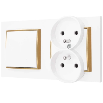 Włącznik pojedynczy z gniazdem podwójnym z ramką prostą seria MINI kolor biały mat/złoty