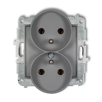 Mechanizm gniazda podwójnego do ramki z uziemieniem 2x2P+Z bez przesłon torów prądowych Karlik seria ICON 27IGPR-2z kolor szary mat