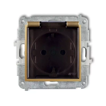 Mechanizm gniazda bryzgoszczelnego z uziemieniem SCHUKO 2P+Z klapka dymna, przesłony torów prądowych Karlik seria MINI 29MGPB-1sdp kolor złoty