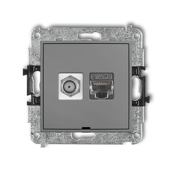 Mechanizm gniazda antenowego poj. typu F SAT + gniazda komp. poj. 1xRJ45, kat. 6 ekranowany, 8-stykowy, bez pola opisowego Karlik seria ICON 27IGFKBO-5 kolor szary mat