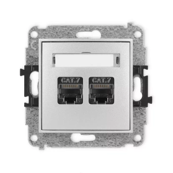 Mechanizm gniazda komputerowego podwójnego 2xRJ45, kat. 7, ekranowany, 8-stykowy Karlik seria MINI 7MGK-10 kolor srebrny metalik
