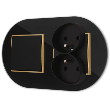 Włącznik pojedynczy z gniazdem podwójnym z ramką okrągłą efekt szkła seria ICON kolor czarny/złoty
