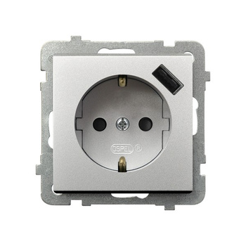 Gniazdo pojedyncze z uziemieniem schuko z przesłonami torów prądowych, z ładowarką USB seria SONATA kolor Srebro mat symbol GP-1RSPUSB/m/38