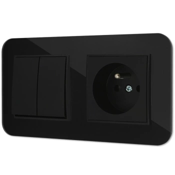 Włącznik podwójny z gniazdem pojedynczym z ramką zaokrągloną efekt szkła seria ICON kolor czarny