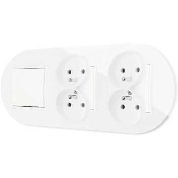 Włącznik pojedynczy i dwa gniazda podwójne z ramką okrągłą efekt szkła seria ICON kolor biały