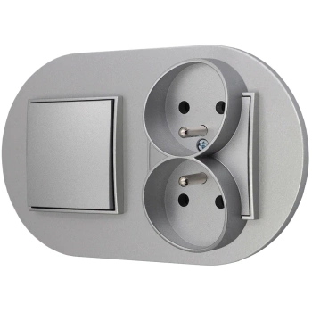 Włącznik pojedynczy z gniazdem podwójnym z ramką okrągłą seria MINI kolor srebrny