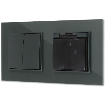 Włącznik podwójny z gniazdem hermetycznym z ramką kwadratową efekt szkła seria ICON kolor grafitowy mat