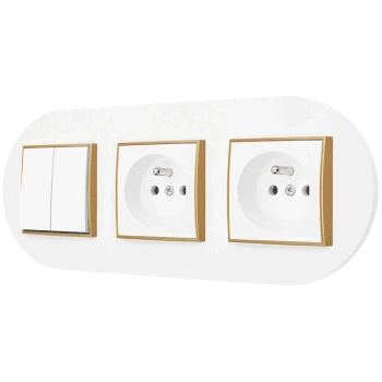 Włącznik podwójny i dwa gniazda pojedyncze z ramką okrągłą seria MINI kolor biały mat/złoty