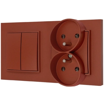 Włącznik podwójny z gniazdem podwójnym z ramką kwadratową seria MINI kolor terakota