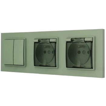 Włącznik podwójny i dwa gniazda hermetyczne z ramką prostą seria MINI kolor szałwiowy