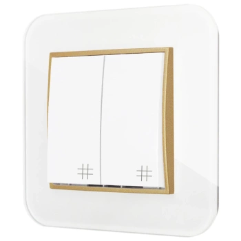 Włącznik krzyżowy podwójny z ramką zaokrągloną efekt szkła seria ICON kolor biały/złoty