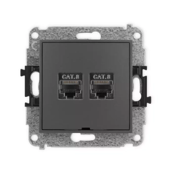 Mechanizm gniazda komputerowego podwójnego 2xRJ45, kat. 8, ekranowany, 8-stykowy, bez pola opisowego Karlik seria MINI 28MGKBO-12 kolor grafitowy mat