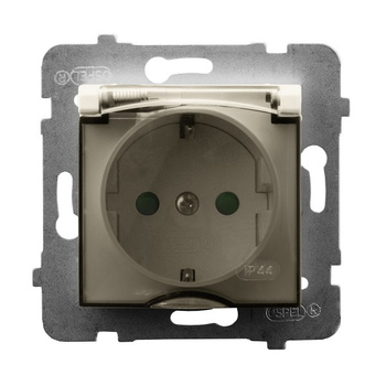 Gniazdo bryzgoszczelne z uziemieniem schuko IP-44 wieczko przezroczyste z przesłonami torów prądowych seria ARIA kolor Ecru symbol GPH-1USP/m/27/d