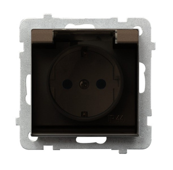 Gniazdo bryzgoszczelne z uziemieniem schuko IP-44 wieczko przezroczyste seria SONATA kolor Czekoladowy metalik symbol GPH-1RS/m/40/d