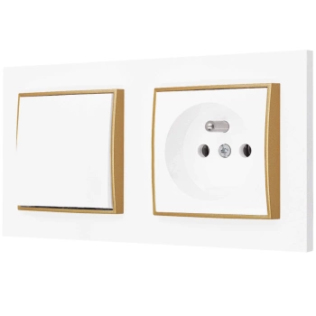 Włącznik pojedynczy z gniazdem pojedynczym z ramką prostą seria MINI kolor biały mat/złoty