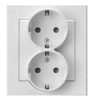 Gniazdo podwójne z uziemieniem schuko z przesłonami torów prądowych, kompletne z ramką seria SONATA kolor Biały symbol GP-2RSP/00