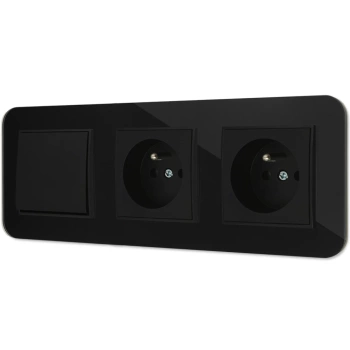 Włącznik pojedynczy i dwa gniazda pojedyncze z ramką zaokrągloną efekt szkła seria ICON kolor czarny