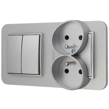 Włącznik podwójny z gniazdem podwójnym z ramką zaokrągloną seria MINI kolor srebrny