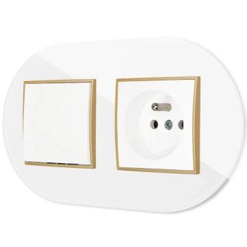 Włącznik pojedynczy z gniazdem pojedynczym z ramką okrągłą efekt szkła seria ICON kolor biały/złoty