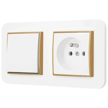 Włącznik pojedynczy z gniazdem pojedynczym z ramką zaokrągloną seria MINI kolor biały mat/złoty