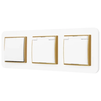 Włącznik pojedynczy i dwa gniazda hermetyczne z ramką zaokrągloną seria MINI kolor biały złoty