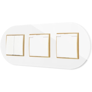 Włącznik podwójny i dwa gniazda hermetyczne z ramką okrągłą efekt szkła seria ICON kolor biały/złoty