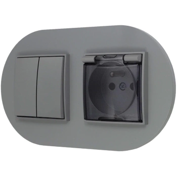 Włącznik podwójny z gniazdem hermetycznym z ramką okrągłą seria MINI kolor szary mat