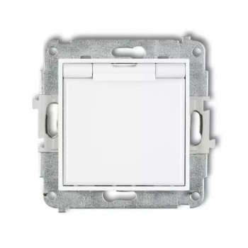 Mechanizm gniazda bryzgoszczelnego z uziemieniem 2P+Z klapka biała, przesłony torów prądowych Karlik seria ICON IGPB-1zp kolor biały