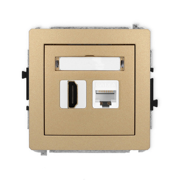 Mechanizm gniazda pojedynczego HDMI 2.1, 8K + gniazda komp. poj. 1xRJ45, kat. 6A, 8-stykowy Karlik seria DECO 8DGHK-86A kolor złoty metalik