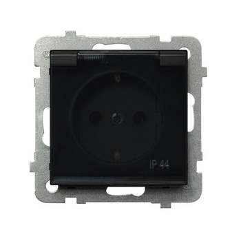Gniazdo bryzgoszczelne z uziemieniem schuko IP-44 wieczko przezroczyste seria SONATA kolor Czarny metalik symbol GPH-1RS/m/33/d