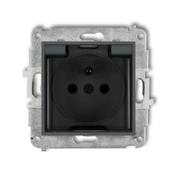 Mechanizm gniazda bryzgoszczelnego z uziemieniem 2P+Z klapka dymna, przesłony torów prądowych Karlik seria ICON 28IGPB-1zdp kolor grafitowy mat