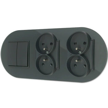 Włącznik podwójny i dwa gniazda podwójne z ramką okrągłą efekt szkła seria ICON kolor grafitowy mat