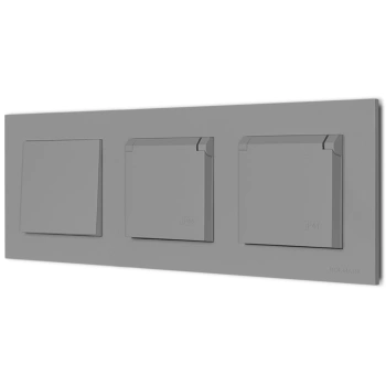 Włącznik pojedynczy i dwa gniazda hermetyczne z ramką seria Bella kolor popiel mat
