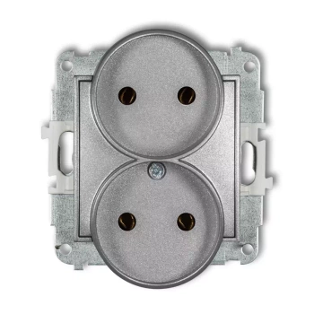 Mechanizm gniazda podwójnego do ramki bez uziemienia 2x2P bez przesłon torów prądowych Karlik seria MINI 7MGPR-2 kolor srebrny metalik