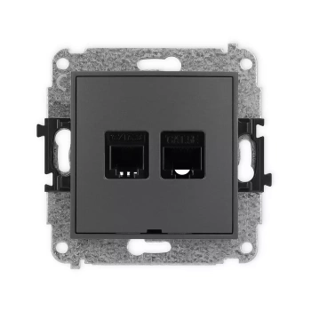 Mechanizm gniazda telefonicznego pojedynczego 1xRJ11 + komputerowego pojedynczego 1xRJ45, kat. 5e, 8-stykowy, beznarzędziowe, bez pola opisowego Karlik seria ICON 28IGTKBO kolor grafitowy mat