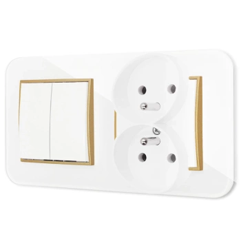 Włącznik podwójny z gniazdem podwójnym z ramką zaokrągloną efekt szkła seria ICON kolor biały/złoty