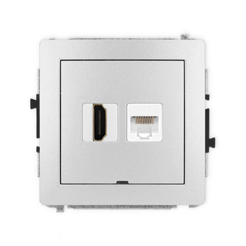 Mechanizm gniazda pojedynczego HDMI 2.0, 4K + gniazda komp. poj. 1xRJ45, kat. 5e, 8-stykowy, bez pola opisowego Karlik seria DECO 7DGHKBO-45e kolor srebrny metalik
