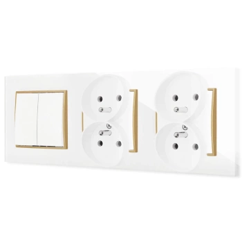Włącznik podwójny i dwa gniazda podwójne z ramką kwadratową efekt szkła seria ICON kolor biały/złoty