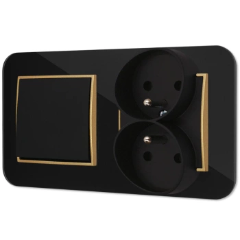 Włącznik pojedynczy z gniazdem podwójnym z ramką zaokrągloną efekt szkła seria ICON kolor czarny/złoty