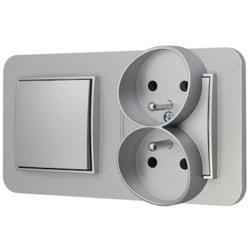 Włącznik pojedynczy z gniazdem podwójnym z ramką zaokrągloną seria MINI kolor srebrny