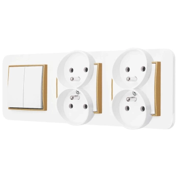 Włącznik podwójny i dwa gniazda podwójne z ramką zaokrągloną seria MINI kolor biały mat/złoty