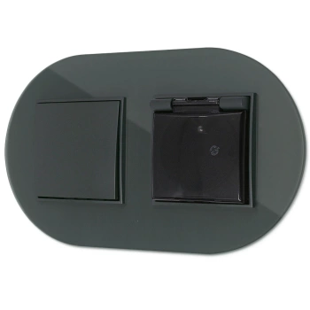 Włącznik pojedynczy z gniazdem hermetycznym z ramką okrągłą efekt szkła seria ICON kolor grafitowy mat