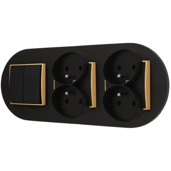 Włącznik podwójny i dwa gniazda podwójne z ramką okrągłą seria MINI kolor czarny złoty
