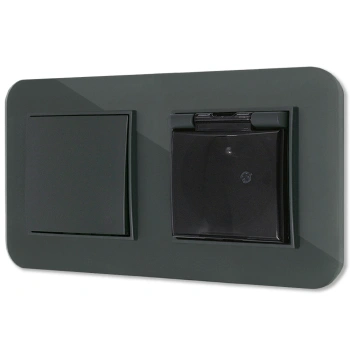 Włącznik pojedynczy z gniazdem hermetycznym z ramką zaokrągloną efekt szkła seria ICON kolor grafitowy mat