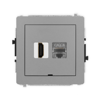 Mechanizm gniazda pojedynczego HDMI 2.1, 8K + gniazda komp. poj. 1xRJ45, kat. 8, ekranowany, 8-stykowy, bez pola opisowego Karlik seria DECO 27DGHKBO-88 kolor szary mat