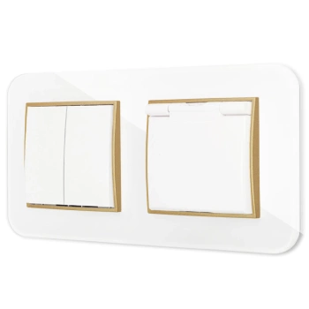 Włącznik podwójny z gniazdem hermetycznym z ramką zaokrągloną efekt szkła seria ICON kolor biały/złoty